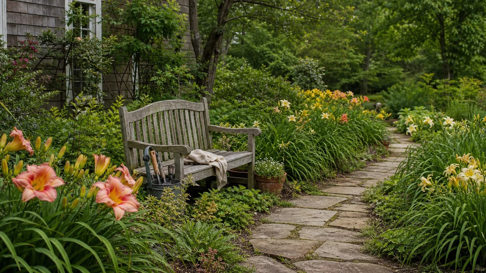 Daylily garden path with mature planting beds