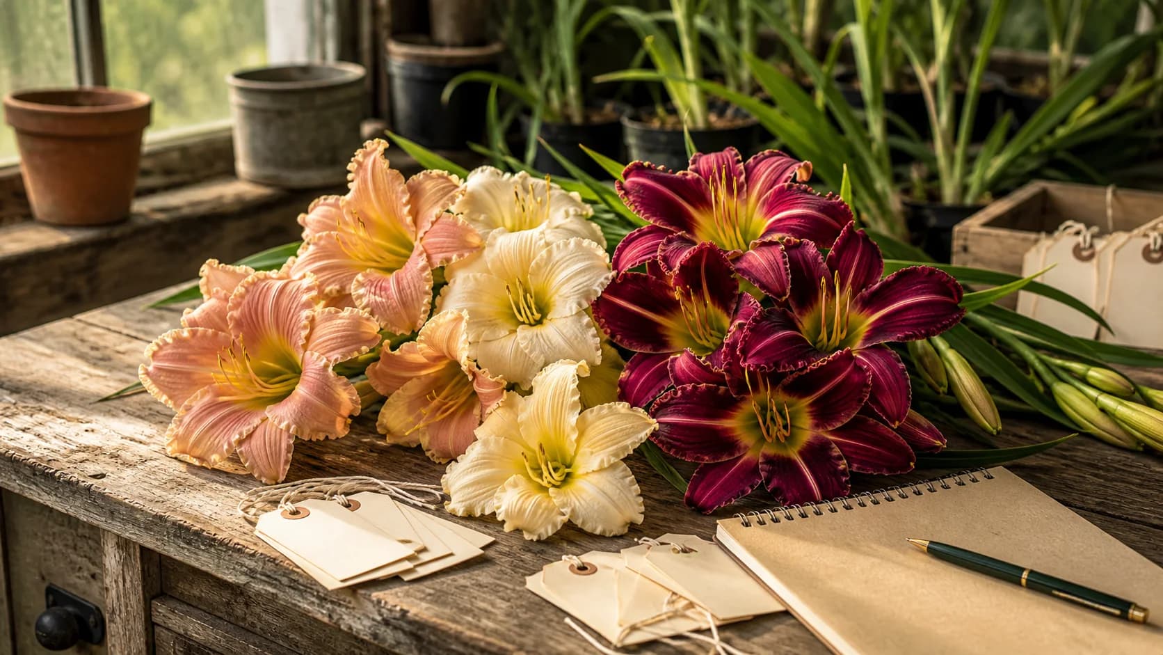Daylily blooms arranged on a grower's work table