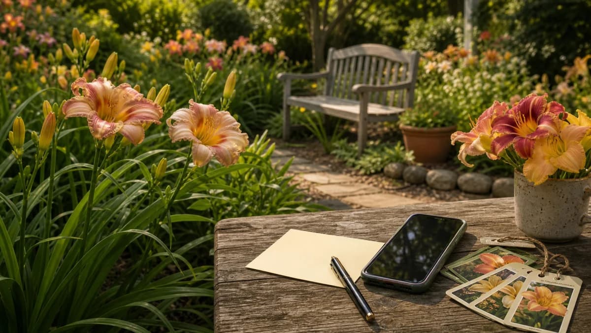 Phone and note card on a table in a daylily garden