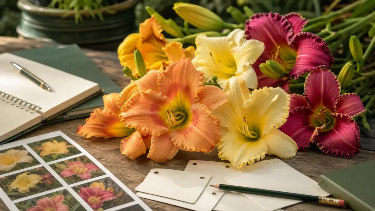Daylily blooms with research notebook and reference cards